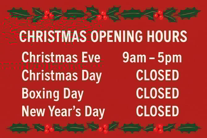 christmas opening hours Christmas eve 9am 5pm  christmas day closed boxing day closed new years day closed red backgroun white writing All line dup we-3